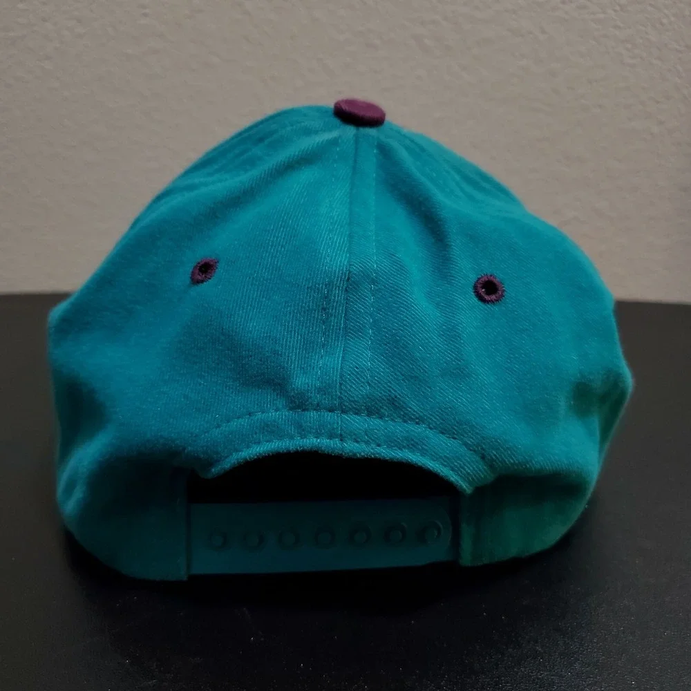 Vintage 90s Official Anaheim Mighty Ducks Velore Purple / Teal Snapback Hat RARE